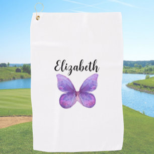 Pretty purple butterfly with custom name ladies golf towel
