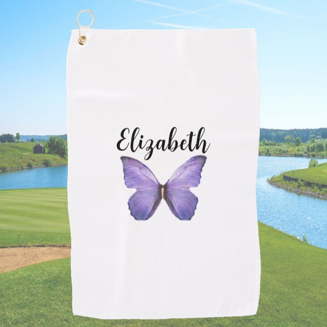 Pretty purple butterfly with custom name ladies golf towel (Creator Uploaded)