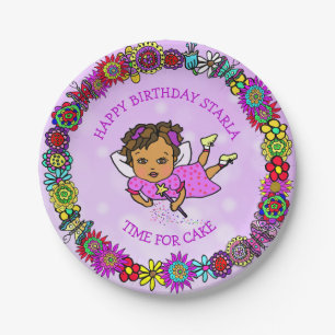 Pretty Purple Fairy and Flower Border Birthday Paper Plate