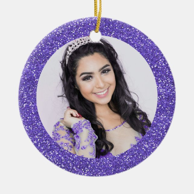Pretty Purple Faux Glitter Monogram Photo Ceramic Ornament (Front)