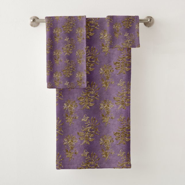 Pretty Purple Faux Gold Elegant Bathroom Bath Towel Set (Insitu)