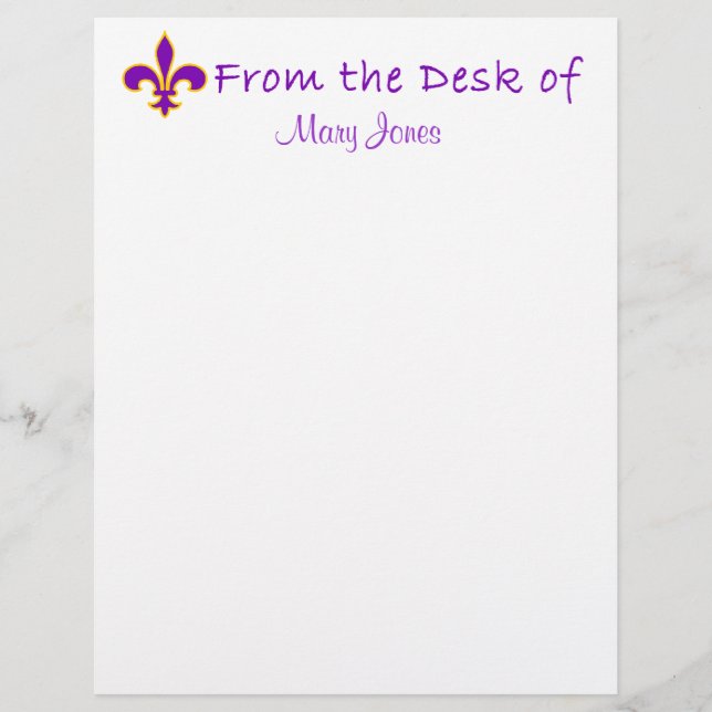 Pretty Purple Fleur de Lis Custom Stationery (Front)