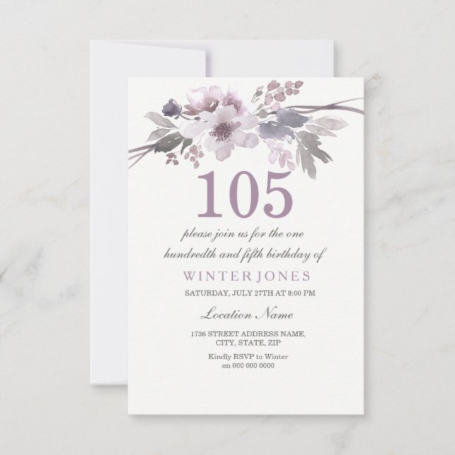 Pretty Purple Floral 105th Birthday Party Invite (Front)