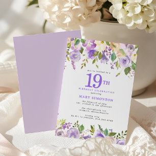 Pretty Purple Floral 19th Birthday Party Invitation