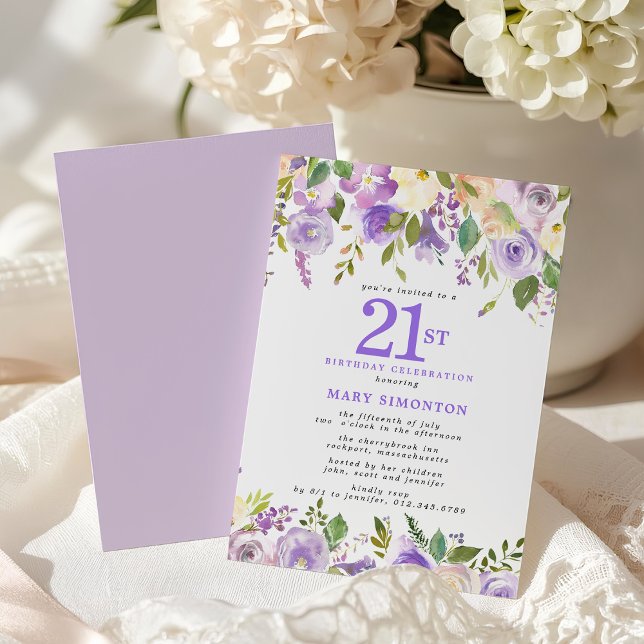 Pretty Purple Floral 21st Birthday Party Invitation (Creator Uploaded)