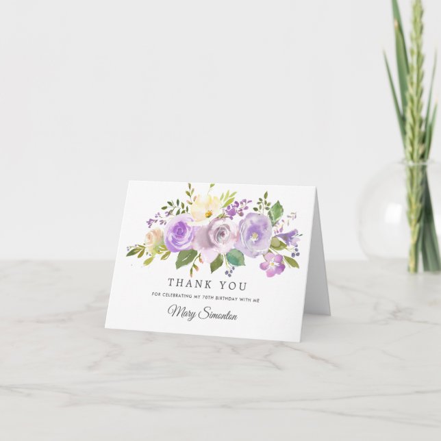 Pretty Purple Floral 70th Birthday Thank You Card (Front)