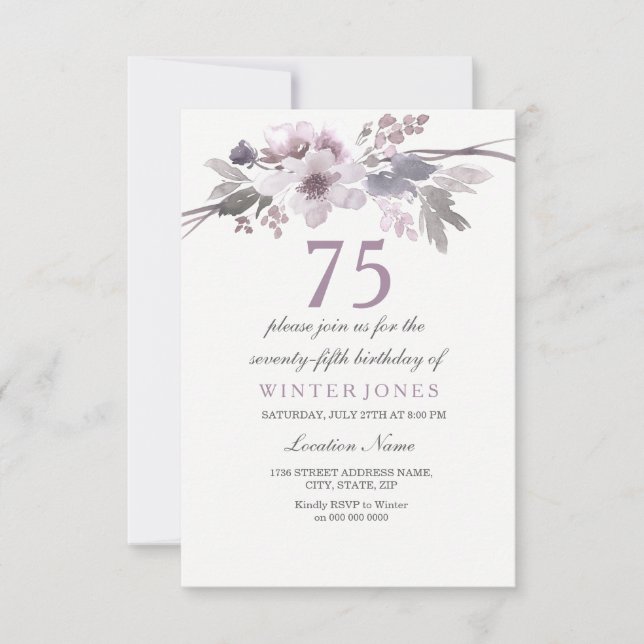 Pretty Purple Floral 75th Birthday Party Invite (Front)