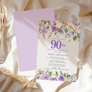 Pretty Purple Floral 90th Birthday Party Invitation
