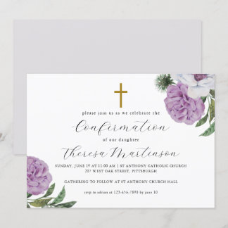 Pretty Purple Floral and Cross Confirmation Invitation