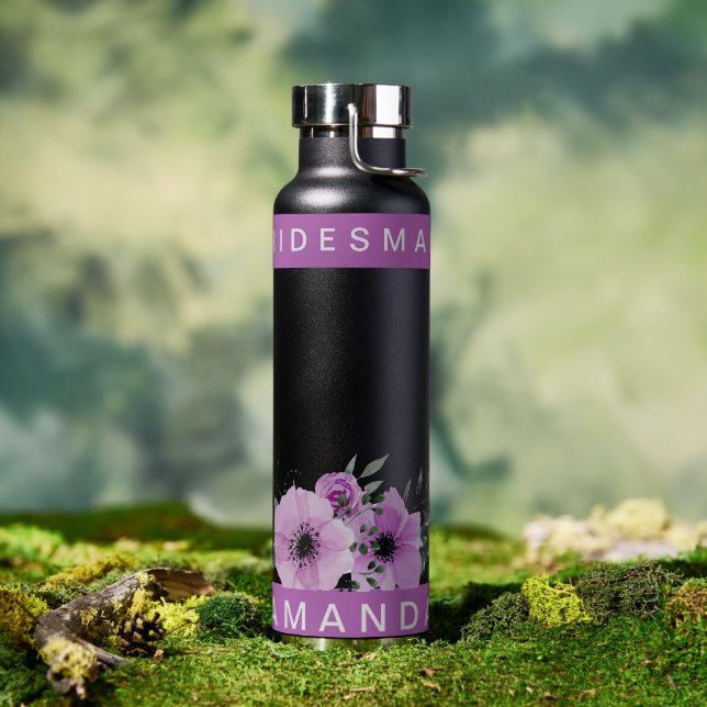 Pretty Purple Floral Bridesmaid Name Wedding Water Bottle (Outdoor)