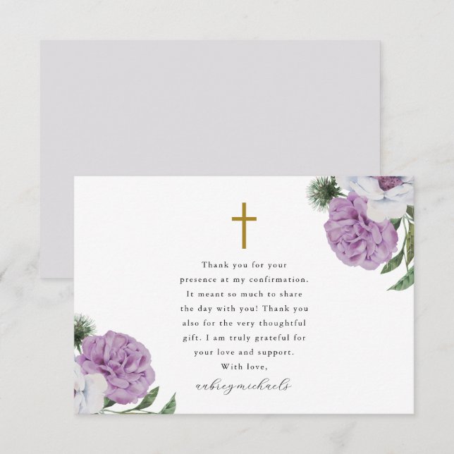 Pretty Purple Floral Confirmation Thank You Card (Front/Back)