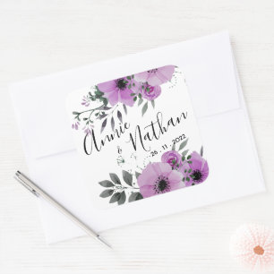 Pretty Purple Floral Cute Romantic Script Wedding Square Sticker
