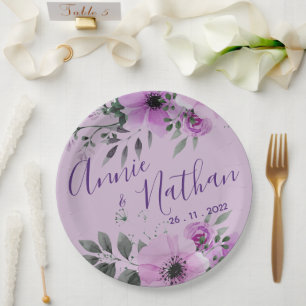 Pretty Purple Floral Cute Romantic Wedding Party Paper Plate