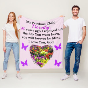 PRETTY PURPLE FLORAL PERSONALIZED 90TH FLEECE BLANKET