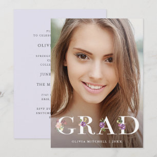 Pretty Purple Floral Text Photo Grad Party Invitation