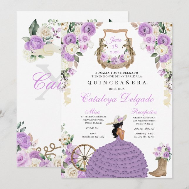 Pretty Purple Floral Western Charro Quinceañera Invitation (Front/Back)