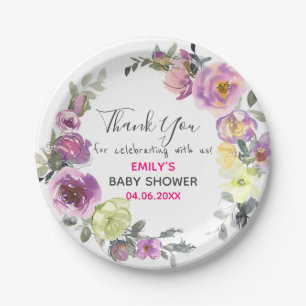 Pretty Purple Floral Wreath Thank You Baby Shower Paper Plate