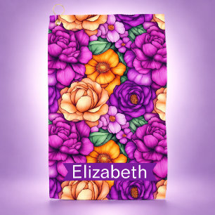 Pretty Purple Flower Patterned and Personalized Golf Towel