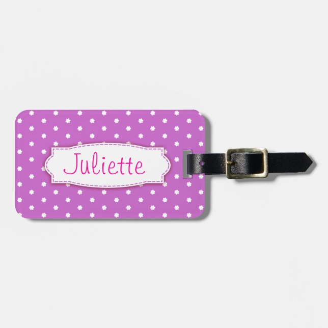 Pretty purple flower polka dots named luggage tag (Front Horizontal)