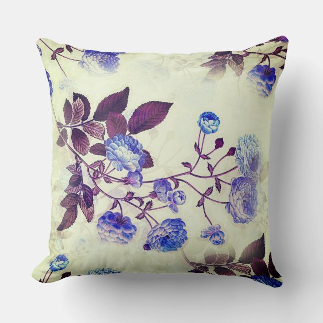 Pretty Purple Flower Print on Green Throw Pillow (Front)