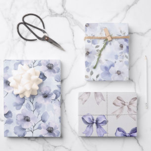 Pretty Purple Flowers and Bows Wrapping Paper Sheet