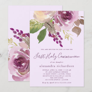 Pretty Purple Flowers First Holy Communion Invitation
