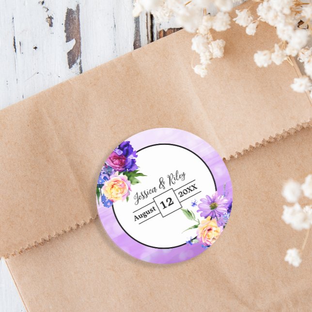 Pretty Purple Flowers Floral Wedding Elegant Classic Round Sticker (Creator Uploaded)
