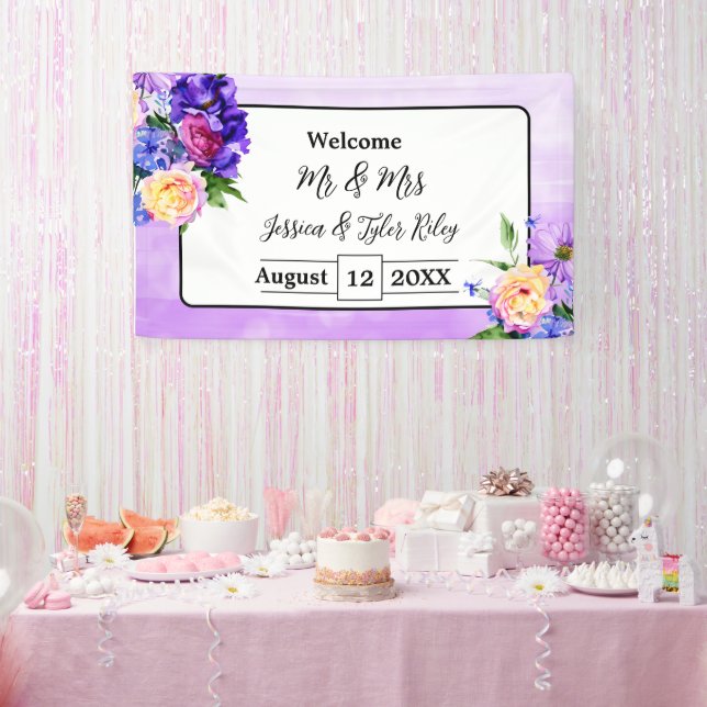 Pretty Purple Flowers Floral Wedding Personalized Banner (Party)