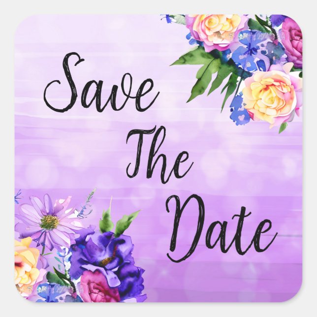 Pretty Purple Flowers Floral Wedding Save the Date Square Sticker (Front)