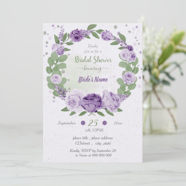 Pretty purple flowers green wreath bridal shower  invitation (Standing Front)