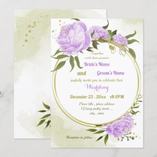 pretty purple flowers greenery geometric wedding invitation