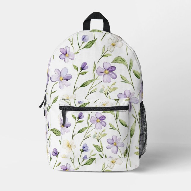 Pretty Purple Flowers Printed Backpack (Front)
