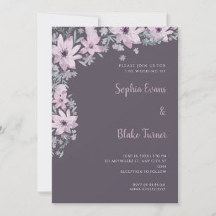 Pretty Purple Flowers Romantic Smoke Grey Wedding Invitation