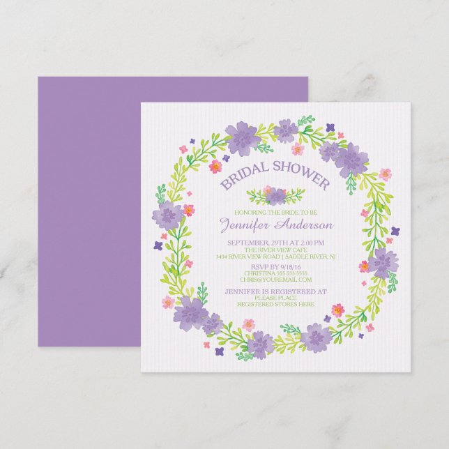 Pretty Purple Flowers Wreath Spring Bridal Shower Invitation (Front/Back)