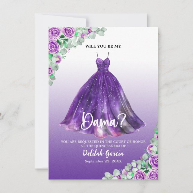 Pretty Purple Formal Quinceañera Dama Proposal Invitation (Front)