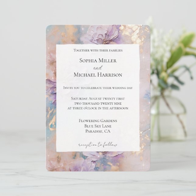 Pretty Purple Gold Floral Wedding Invitation (Standing Front)