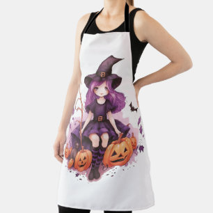 Pretty Purple Haired Witch Pumpkins & Bats Apron
