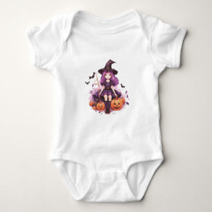 Pretty Purple Haired Witch Pumpkins & Bats Baby Bodysuit