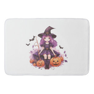 Pretty Purple Haired Witch Pumpkins & Bats Bath Mat