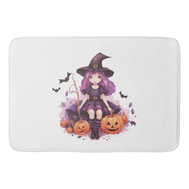 Pretty Purple Haired Witch Pumpkins & Bats Bath Mat (Front)