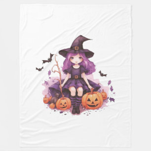 Pretty Purple Haired Witch Pumpkins & Bats Fleece Blanket