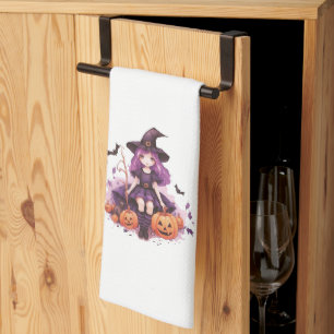 Pretty Purple Haired Witch Pumpkins & Bats Kitchen Towel
