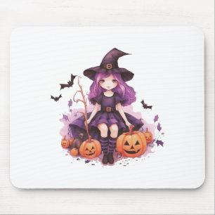Pretty Purple Haired Witch Pumpkins & Bats Mouse Pad