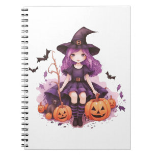 Pretty Purple Haired Witch Pumpkins & Bats Notebook