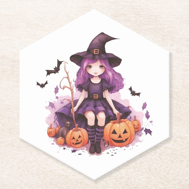 Pretty Purple Haired Witch Pumpkins & Bats Paper Coaster (Front)