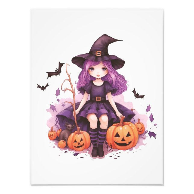 Pretty Purple Haired Witch Pumpkins & Bats Photo Print (Front)