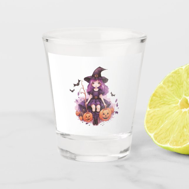 Pretty Purple Haired Witch Pumpkins & Bats Shot Glass (Front)