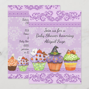 Pretty Purple Halloween Cupcakes Baby Shower Invitation