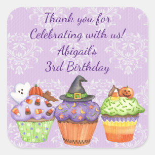 Pretty Purple Halloween Cupcakes Birthday Square Sticker