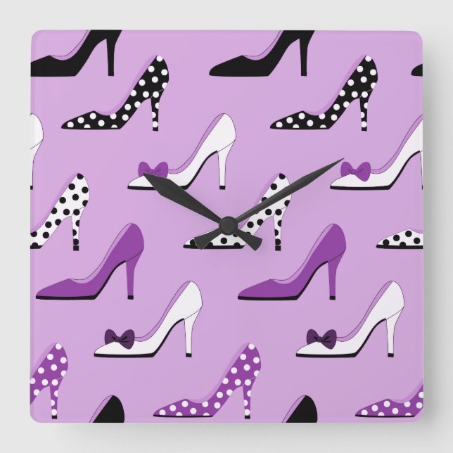 Pretty Purple Heels and Polka Dots Square Wall Clock (Front)